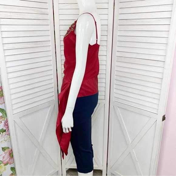 DStudio Silk Beaded Sash Tie Sleeveless Blouse Maroon Red 6 - Picture 2 of 12